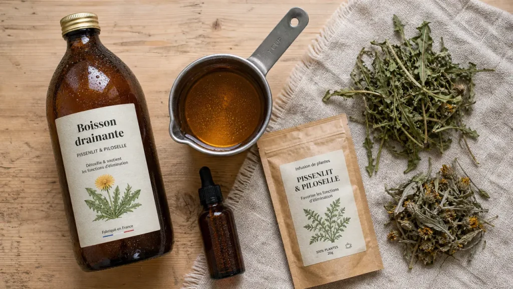 Boisson drainante pharmacie aux plantes (pissenlit, piloselle) en pharmacie