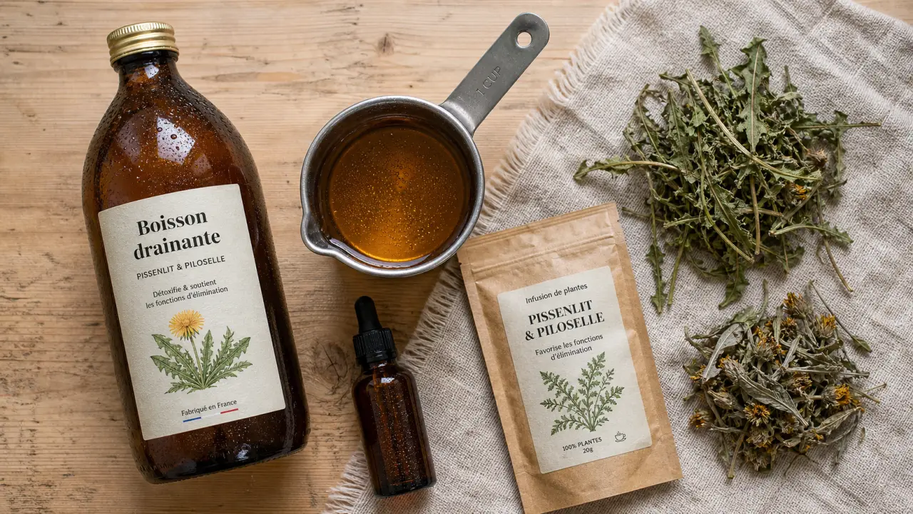 Boisson drainante pharmacie aux plantes (pissenlit, piloselle) en pharmacie