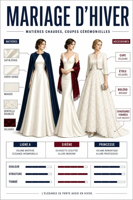 Mariage hiver robe : comparaison visuelle des coupes, matières et accessoires pour rester élégante et au chaud