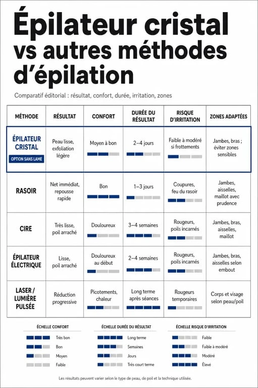 Infographie épilateur cristal avis : comparaison avec rasoir, cire, épilateur électrique et laser
