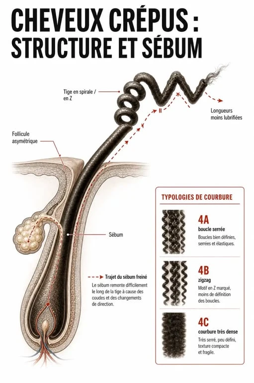 Schéma des cheveux crépus montrant la structure du follicule, la forme du cheveu et la circulation du sébum