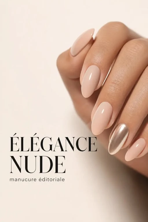 Ongle glamour sur une main élégante avec manucure nude brillante et accent métallisé