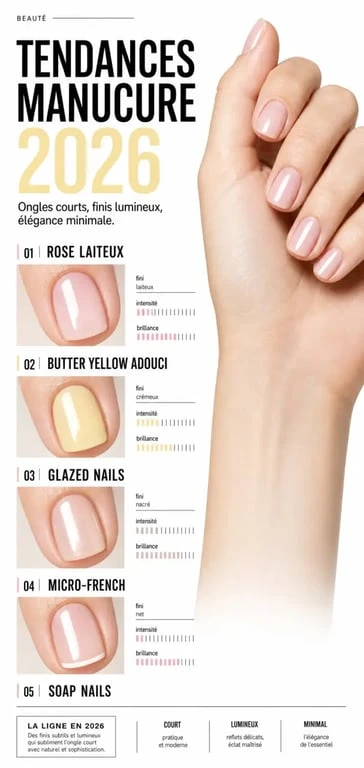 Ongles 2026 tendance : inspiration manucure courte avec rose laiteux, butter yellow et micro-french