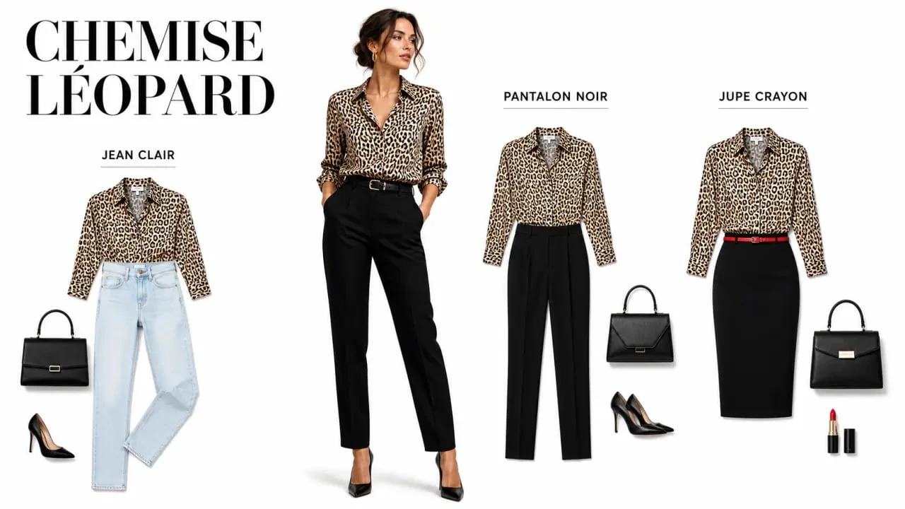Look chemise leopard avec trois associations de style: jean clair, pantalon noir et jupe crayon