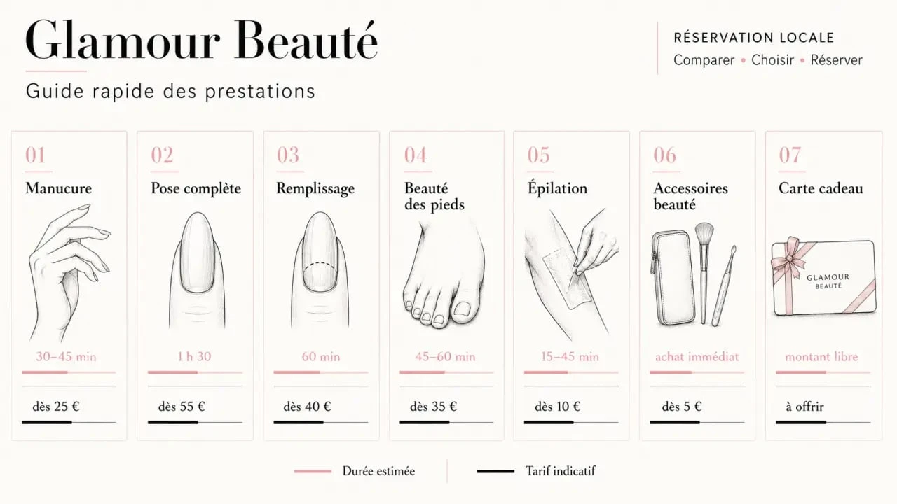 Glamour beauté : illustration éditoriale des prestations, prix et durées