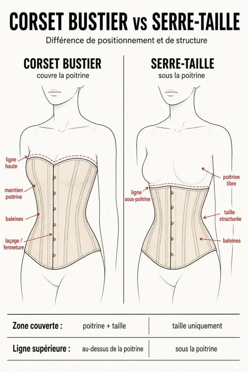 Infographie comparative : corset bustier noir vs serre-taille noir pour femme