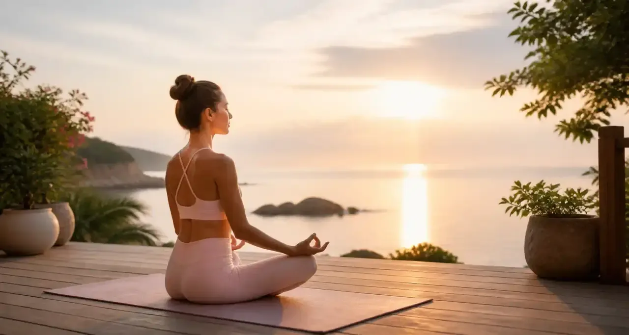 Femme en méditation au lever du soleil sur une terrasse face à la mer