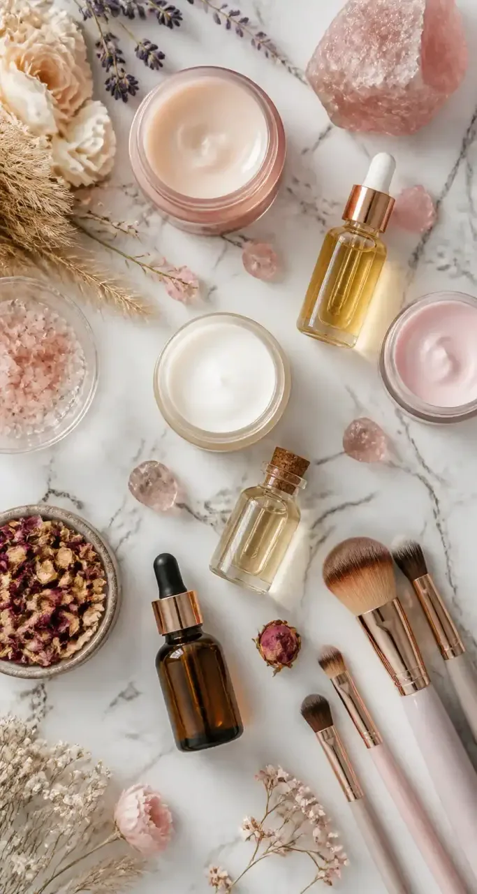 Flat lay de produits de beauté et de soin sur un marbre clair