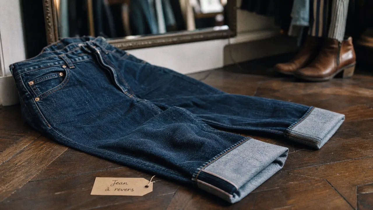 Jean a revers femme, gros plan du revers denim
