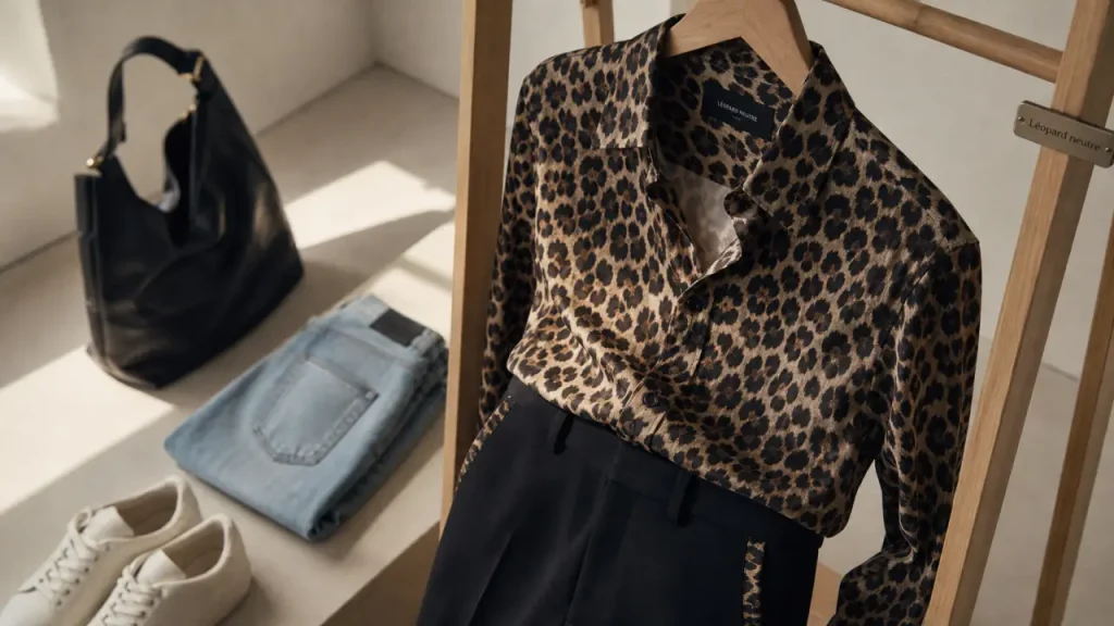 Look chemise leopard noir blanc marine denim en studio, chemise léopard neutre