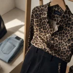 Look chemise leopard noir blanc marine denim en studio, chemise léopard neutre