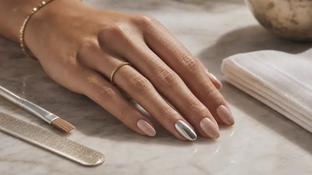Ongle glamour nude nacré brillant avec accent chrome