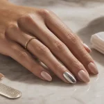 Ongle glamour nude nacré brillant avec accent chrome