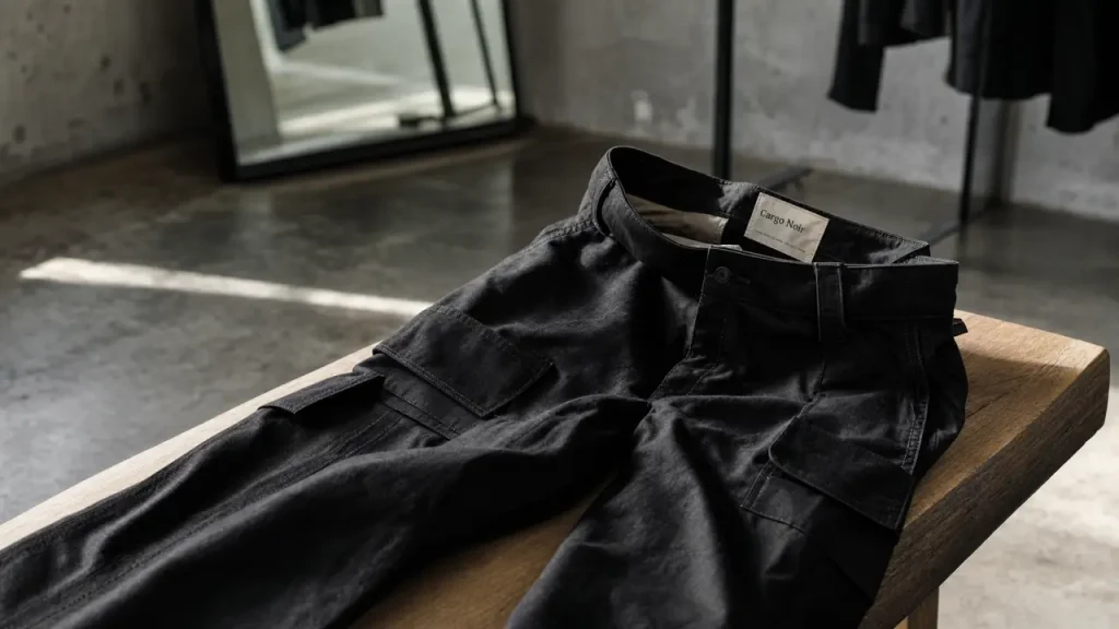 Pantalon cargo femme noir à plat, poches visibles