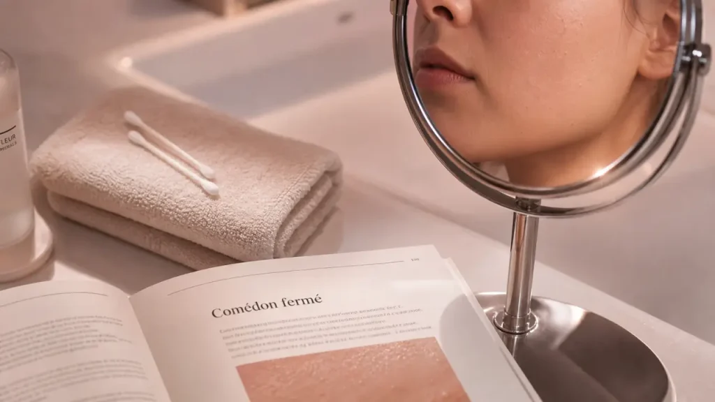 Traitement microkyste visage adulte : soins doux au lavabo, peau avec microkystes