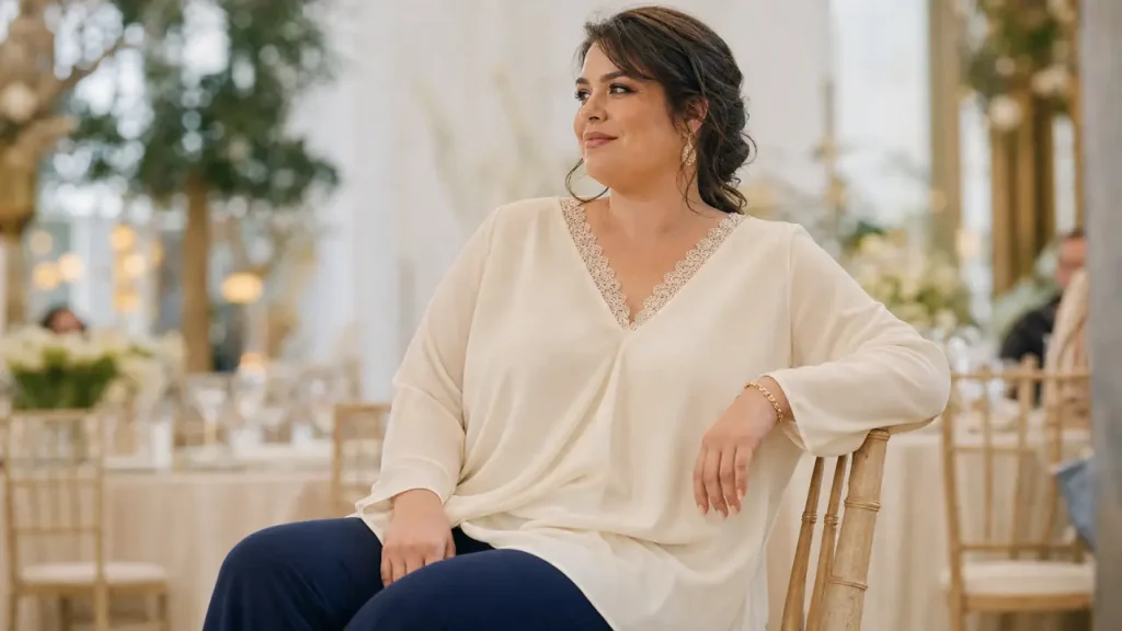 Tunique habillée grande taille pour mariage, tunique fluide ivoire à encolure V