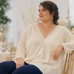 Tunique habillée grande taille pour mariage, tunique fluide ivoire à encolure V