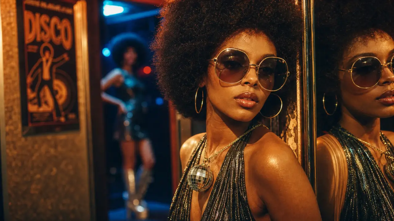 Accessoires disco femme : lunettes disco et bijoux années 70 en soirée