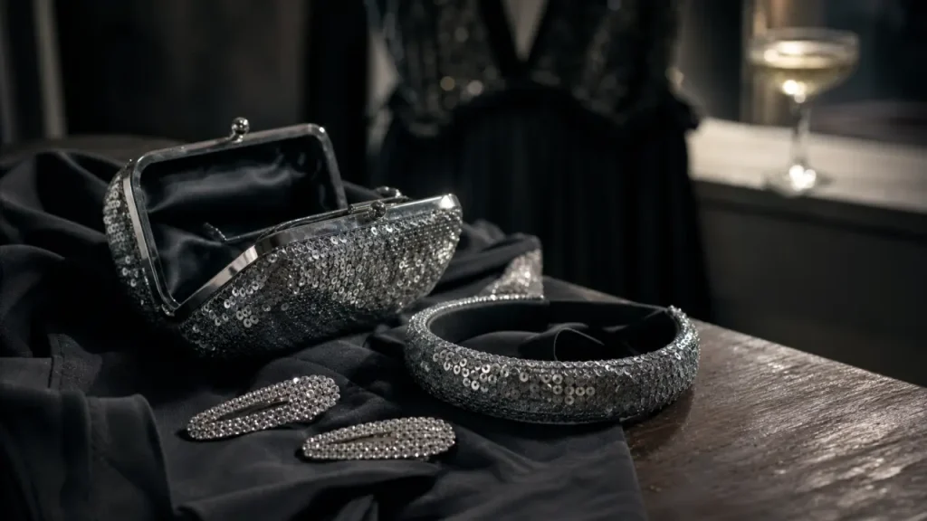 Accessoires paillettes femme : pochette à sequins argentés et barrettes strass