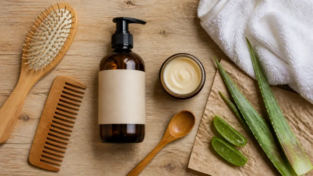 Après shampoing naturel : flacon et crème pour démêler sans alourdir