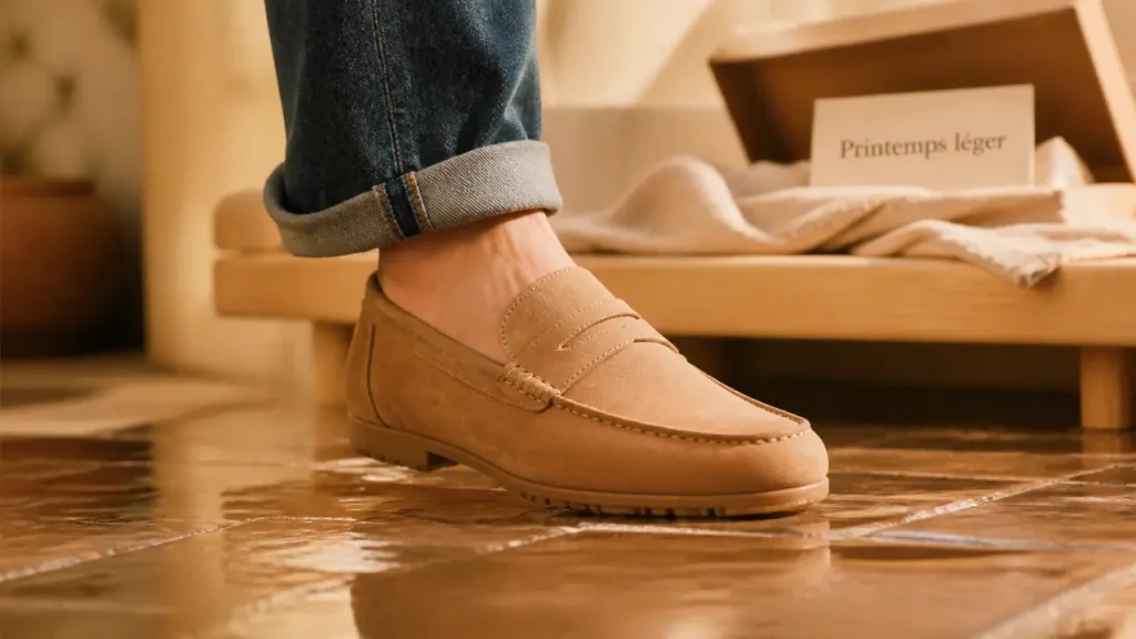 Chaussures printemps : mocassin camel léger sur carrelage humide
