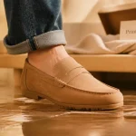 Chaussures printemps : mocassin camel léger sur carrelage humide