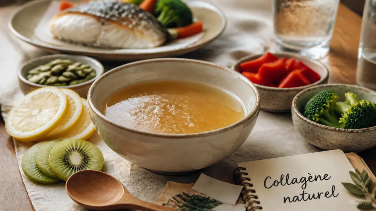 Collagène naturel : aliments riches (bouillon, poisson, kiwi, graines) en cuisine