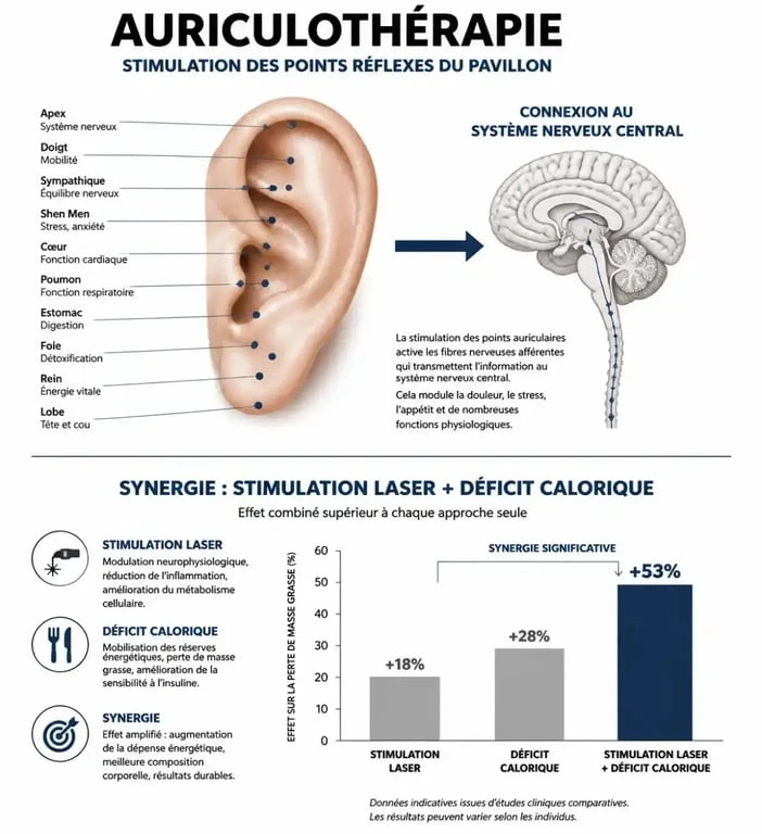 Infographie explicative du fonctionnement du laser minceur et de l'auriculothérapie pour maigrir au laser