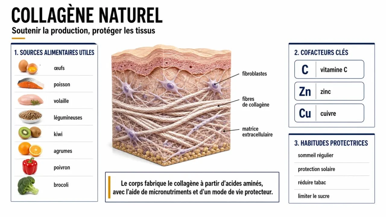 Collagène naturel : visuel de synthèse sur les aliments, cofacteurs et habitudes qui soutiennent sa production