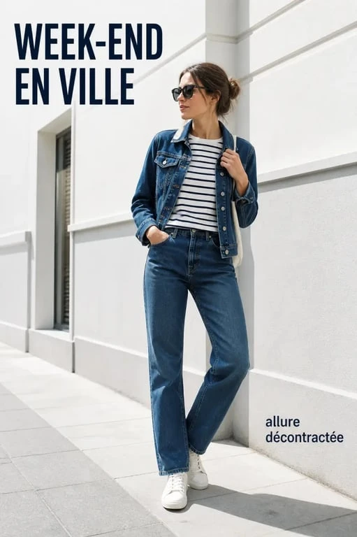 Tenue décontractée femme de week-end avec jean droit, marinière et baskets blanches