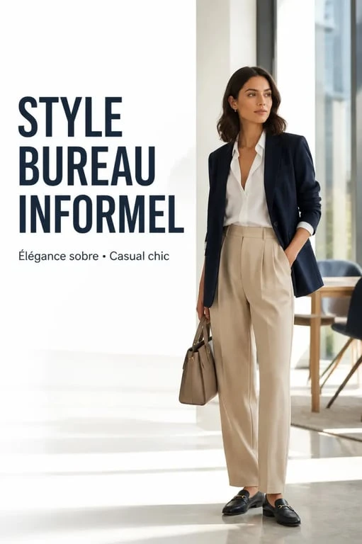 Tenue décontractée femme casual chic avec blazer, chemise blanche et pantalon fluide
