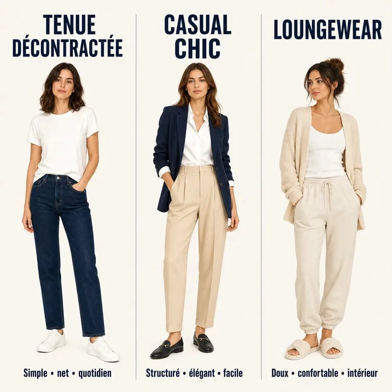 Tenue décontractée femme comparée au casual chic et au loungewear en trois silhouettes féminines