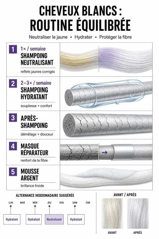Soin cheveux blancs : routine éditoriale comparant shampoing neutralisant, hydratant, après-shampoing, masque et mousse argent