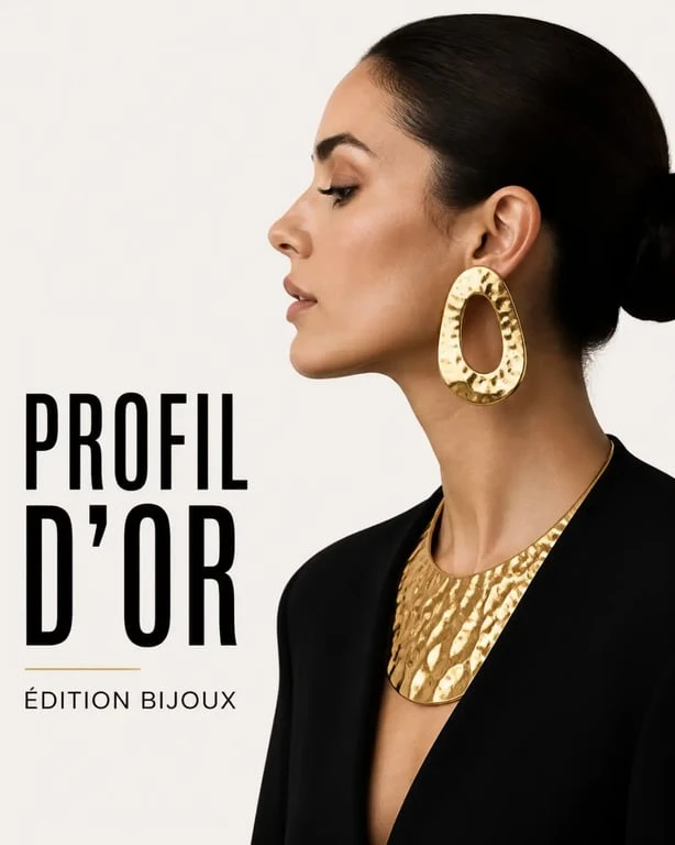 Bijoux tendance 2025 avec boucles d’oreilles XXL et collier plastron sur tenue noire