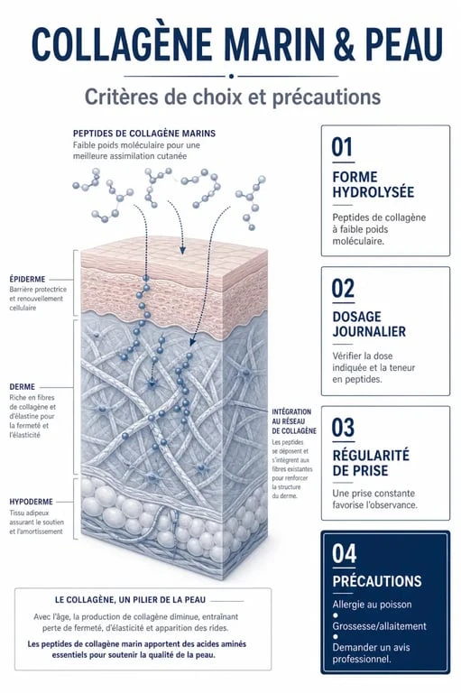 Collagène marin anti-âge : schéma éditorial des peptides, du dosage et des précautions à vérifier