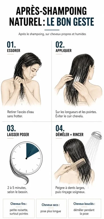 Après shampoing naturel : routine d’application et démêlage sur les longueurs