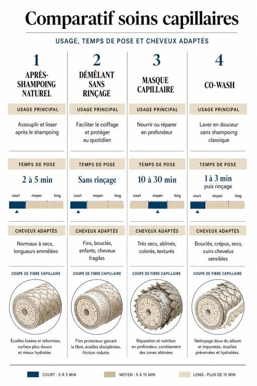 Après shampoing naturel : comparatif des usages entre après-shampoing, démêlant, masque et co-wash