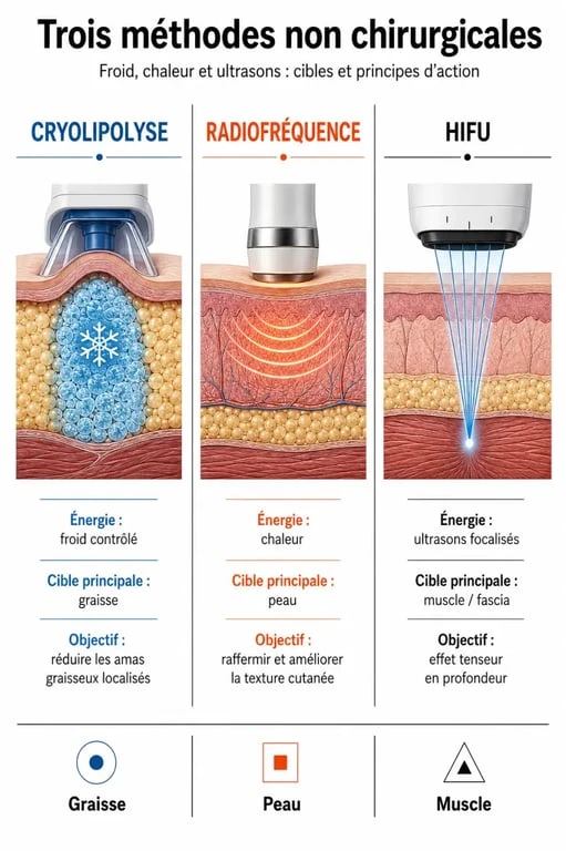 Comparatif visuel des techniques pour enlever la graisse du ventre sans chirurgie : cryolipolyse, radiofréquence et HIFU