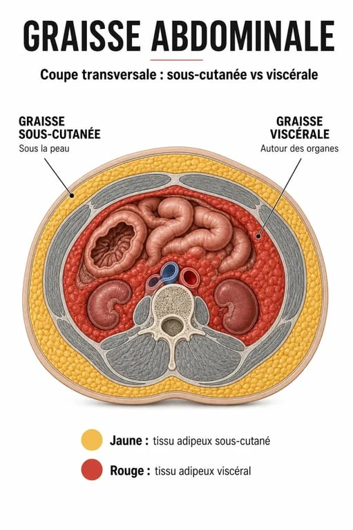 Schéma anatomique illustrant la différence entre graisse sous-cutanée et graisse viscérale pour enlever la graisse du ventre sans chirurgie