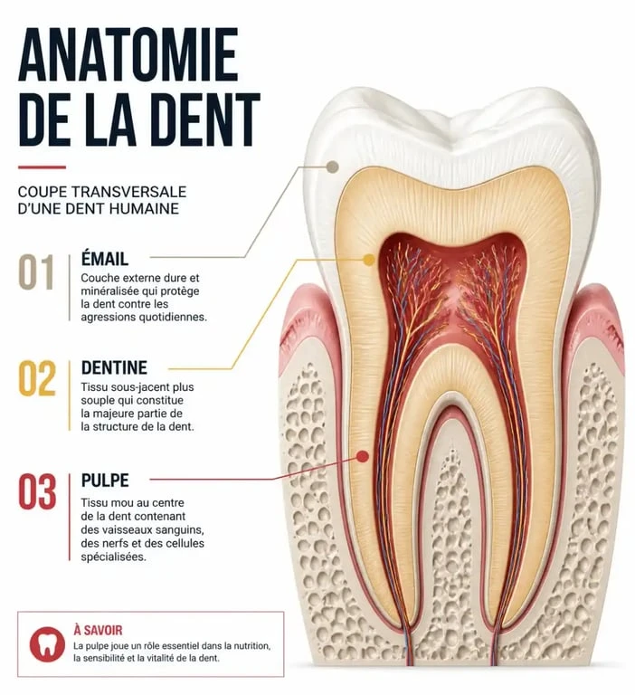 Schéma de la structure d'une dent pour comprendre le blanchiment dentaire
