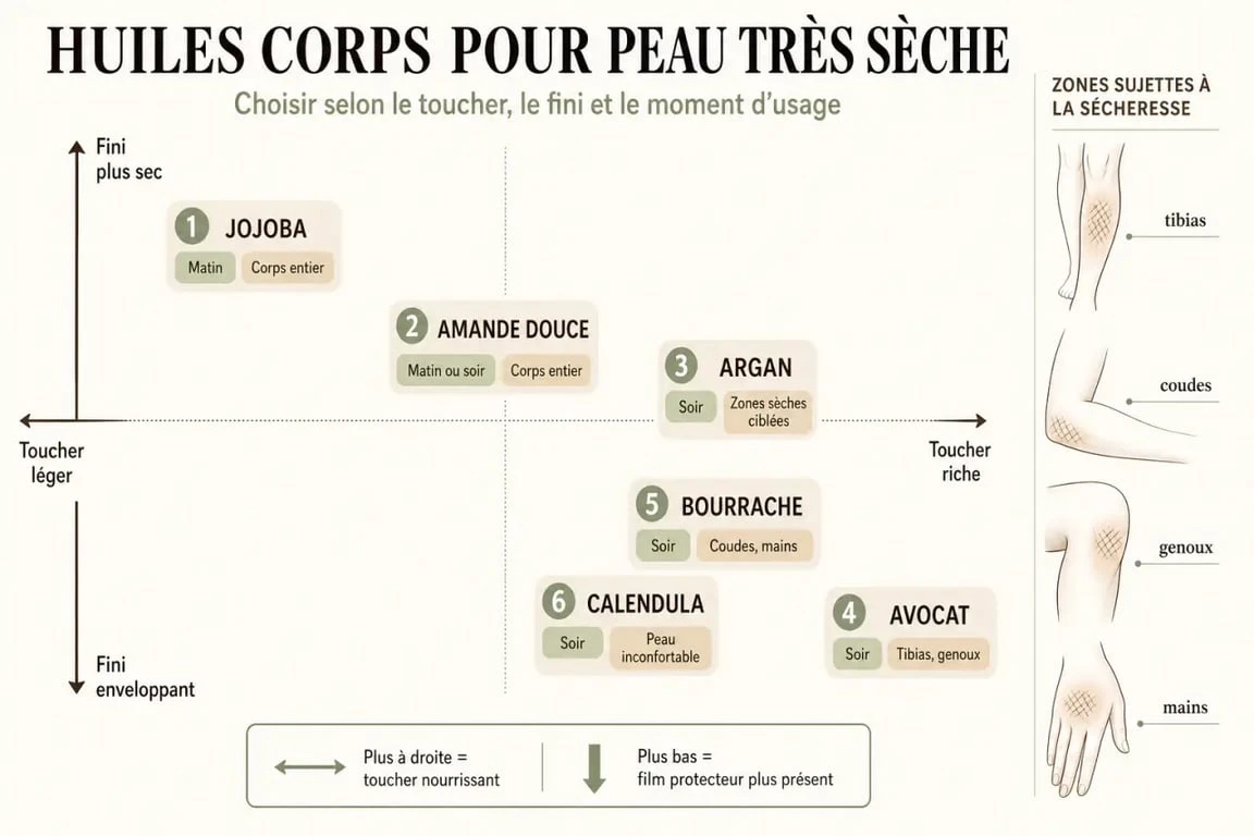 Quelle huile pour le corps peau très sèche : comparatif visuel des huiles végétales les plus adaptées
