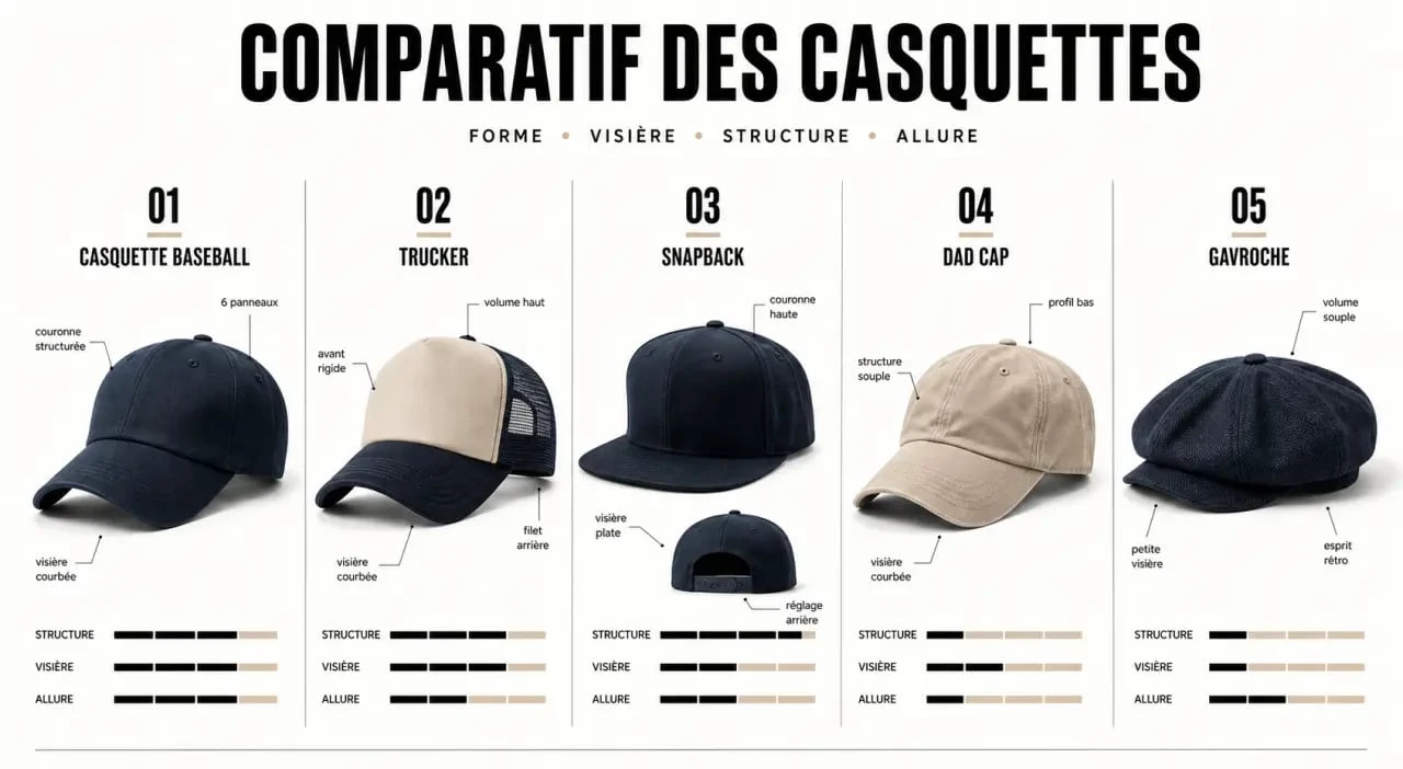 Casquette du moment : comparaison visuelle des modèles baseball, trucker, snapback, dad cap et gavroche