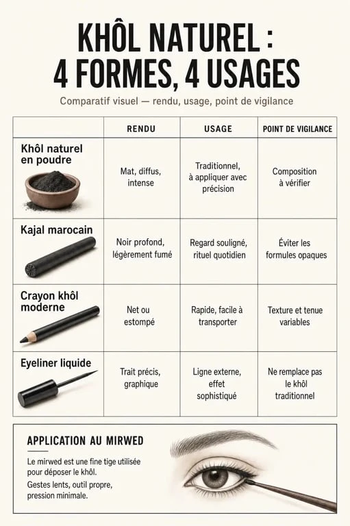 Comparatif khol naturel, kajal marocain, crayon khôl et eyeliner liquide