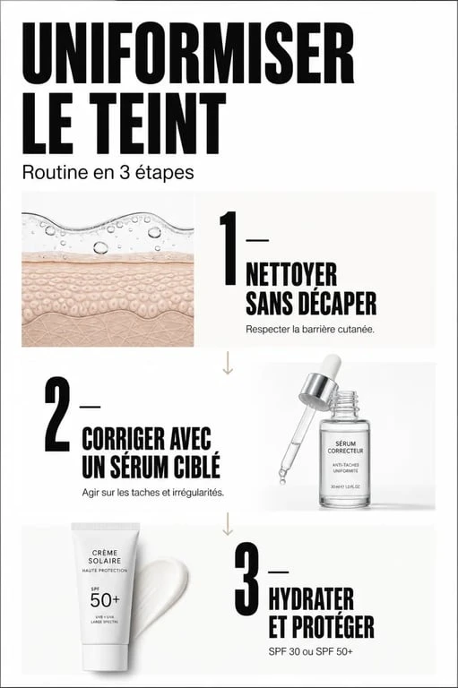 Routine en 3 étapes pour les meilleures marques soins peau uniformité teint avec nettoyage, correction et protection SPF