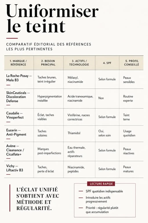 Infographie des meilleures marques soins peau uniformité teint selon le besoin, le SPF et le type de peau
