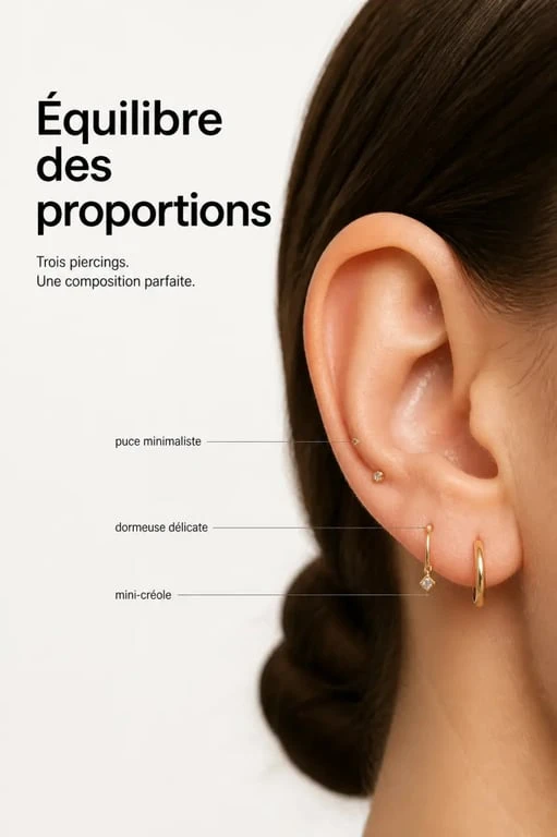 Boucle d oreilles tendance 2025 : gros plan sur une oreille avec mini-créole, puce minimaliste et dormeuse délicate
