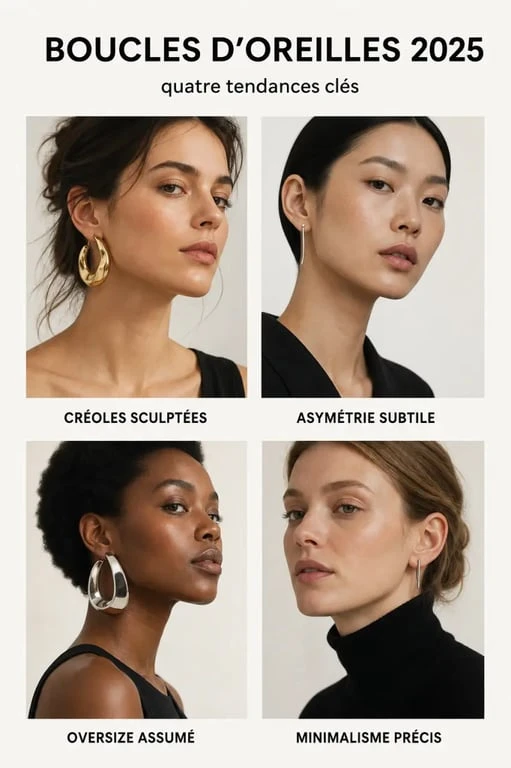 Boucle d oreilles tendance 2025 : quatre styles de boucles d’oreilles portées sur des modèles, créoles sculptées, asymétriques, oversize et minimalistes