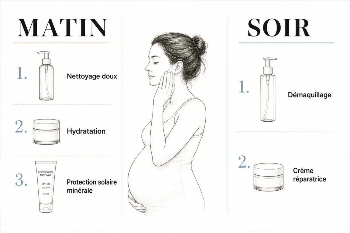 Soin du visage femme enceinte : routine matin et soir en illustration éditoriale