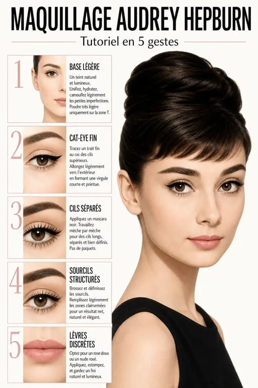 Tutoriel du maquillage Audrey Hepburn avec cat-eye fin, cils séparés et teint naturel