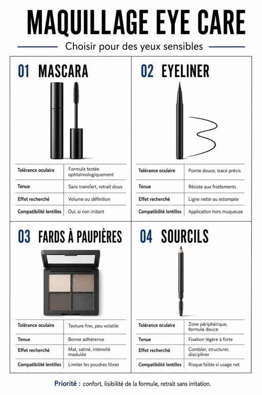 Eye Care maquillage : visuel comparatif des mascaras, eyeliners, fards et produits sourcils pour yeux sensibles